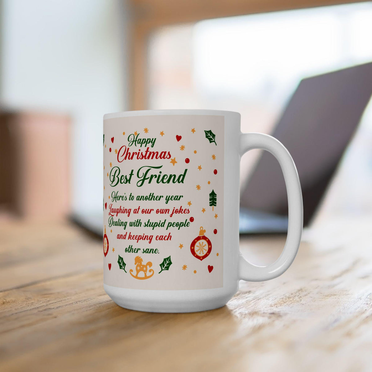 Christmas Best Friend Mug | Festive Holly, Ornaments & Holiday Poem 15 oz