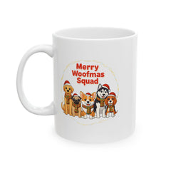 Merry Woofmas Squad Mug | Christmas Dog Illustration Ceramic Coffee Mug 11 oz. Dog mom