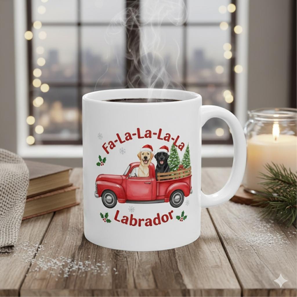 Fa-La-La-La-La Labrador Mug | Christmas Labradors in Red Truck 11 oz