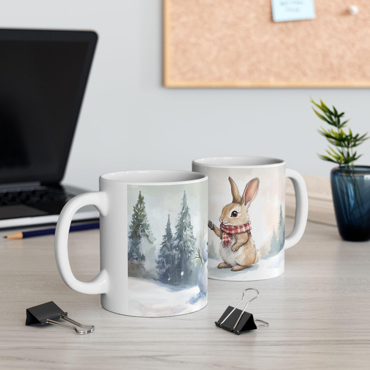 Bunny and Snowman Winter Scene Mug,Easter Mug Gift Cute Woodland Holiday Coffee Cup 11 oz Easter Mug