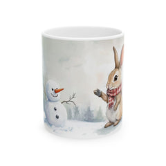 Bunny and Snowman Winter Scene Mug,Easter Mug Gift Cute Woodland Holiday Coffee Cup 11 oz Easter Mug