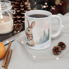 Bunny and Snowman Winter Scene Mug,Easter Mug Gift Cute Woodland Holiday Coffee Cup 11 oz Easter Mug