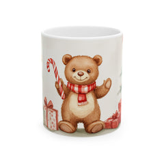 Cute Teddy Bear with Candy Cane Mug | Christmas Tree and Presents Holiday Mug 11 oz