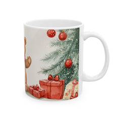 Cute Teddy Bear with Candy Cane Mug | Christmas Tree and Presents Holiday Mug 11 oz