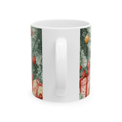 Cute Teddy Bear with Candy Cane Mug | Christmas Tree and Presents Holiday Mug 11 oz