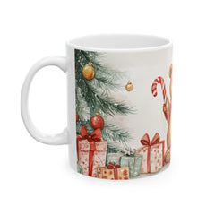 Cute Teddy Bear with Candy Cane Mug | Christmas Tree and Presents Holiday Mug 11 oz