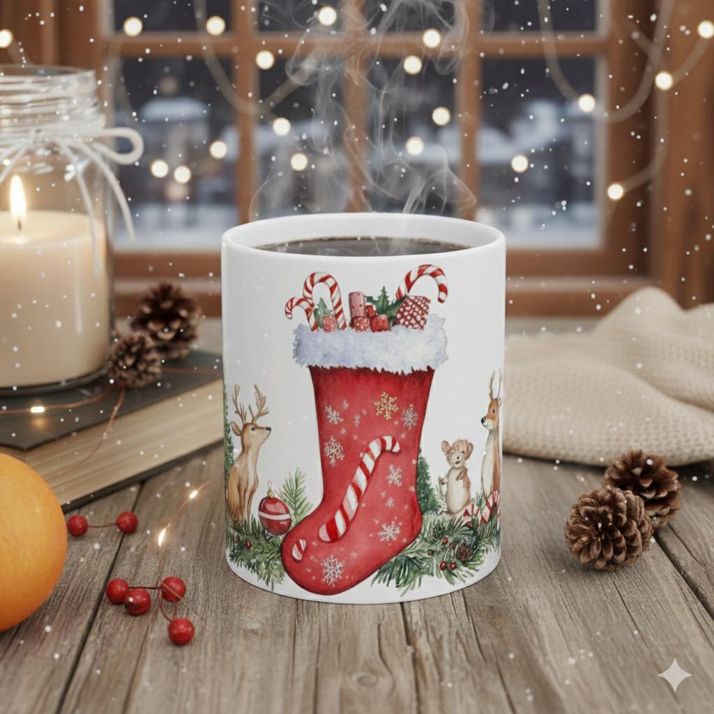 Christmas Stocking with Candy Canes Mug | Holiday Deer & Ornaments 11 oz