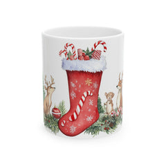 Christmas Stocking with Candy Canes Mug | Holiday Deer & Ornaments 11 oz