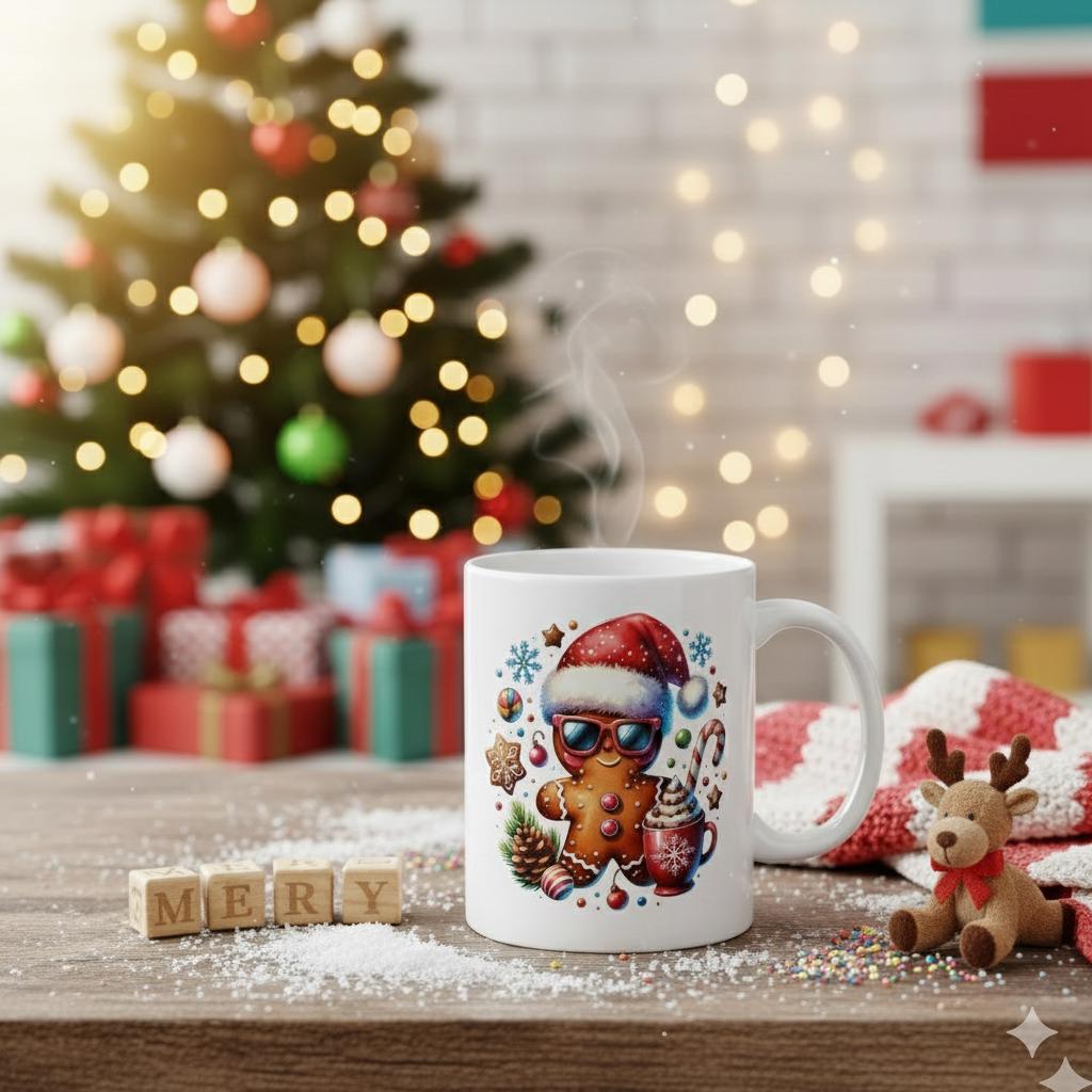 Santa Hot Cocoa Christmas Mug  Holiday Cocoa Candy Cane Gingerbread Kids Mug 11 oz