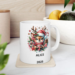 Personalized Reindeer Christmas Mug ,Custom Name & Year Holiday Mug ,Cute Kids Christmas Gift ,Winter Hot Cocoa Cup ,Coffee Mug 11 oz