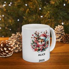 Personalized Reindeer Christmas Mug ,Custom Name & Year Holiday Mug ,Cute Kids Christmas Gift ,Winter Hot Cocoa Cup ,Coffee Mug 11 oz