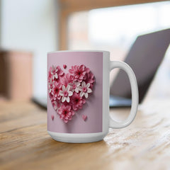 Pink Floral Heart Mug ,Ceramic Coffee Cup, Floral  Coffee Mug, Pink Flower Valentine Mug, Romantic Love Mug 11oz 15oz, Gift for Her