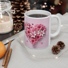 Pink Floral Heart Mug ,Ceramic Coffee Cup, Floral  Coffee Mug, Pink Flower Valentine Mug, Romantic Love Mug 11oz 15oz, Gift for Her