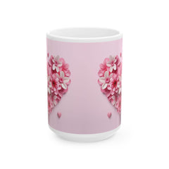 Pink Floral Heart Mug ,Ceramic Coffee Cup, Floral  Coffee Mug, Pink Flower Valentine Mug, Romantic Love Mug 11oz 15oz, Gift for Her