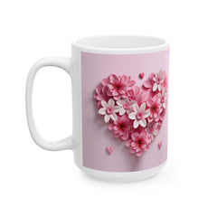 Pink Floral Heart Mug ,Ceramic Coffee Cup, Floral  Coffee Mug, Pink Flower Valentine Mug, Romantic Love Mug 11oz 15oz, Gift for Her