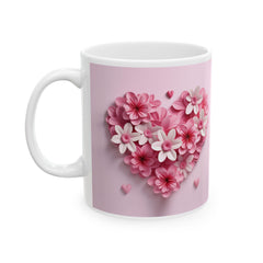 Pink Floral Heart Mug ,Ceramic Coffee Cup, Floral  Coffee Mug, Pink Flower Valentine Mug, Romantic Love Mug 11oz 15oz, Gift for Her