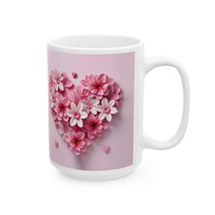 Pink Floral Heart Mug ,Ceramic Coffee Cup, Floral  Coffee Mug, Pink Flower Valentine Mug, Romantic Love Mug 11oz 15oz, Gift for Her