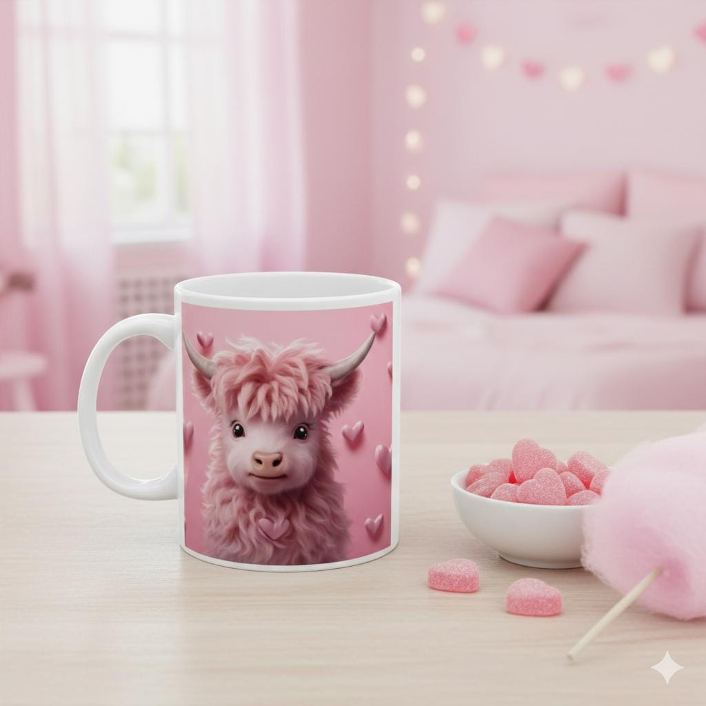 Valentine Mug,Cute Pink Highland Cow Mug, Valentine Cow Coffee Mug, Romantic Animal Mug Gift for Her — 1