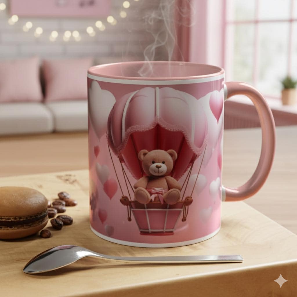 Valentine Mug , Cute Teddy Bear Valentine Mug, Pink Hot Air Balloon Coffee Mug, Romantic Gift for Her 11oz 15oz — 1