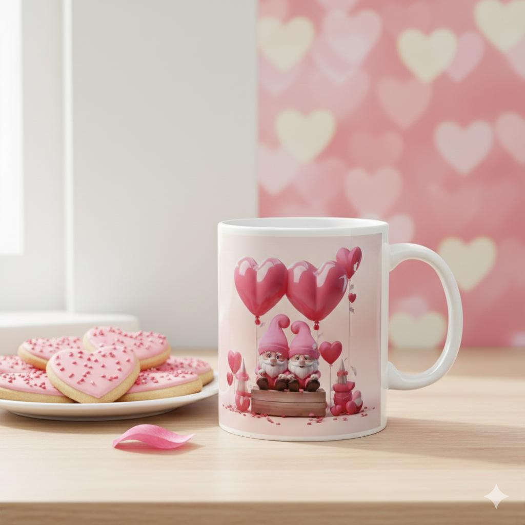 Valentine Gnome Mug, Cute Heart Balloon Coffee Mug, Romantic Love Mug, Gift for her