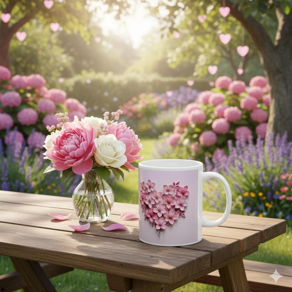 Pink Floral Heart Mug, Romantic Flower Coffee Mug, Valentine Love Mug , Gift for Her - image 1