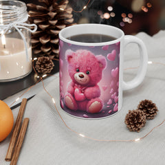 Pink Heart Bear Mug ,Cute Teddy Hearts Ceramic Mug.Valentine Heart Tree Mug, Romantic Coffee Cup, Anniversary Gift Mug