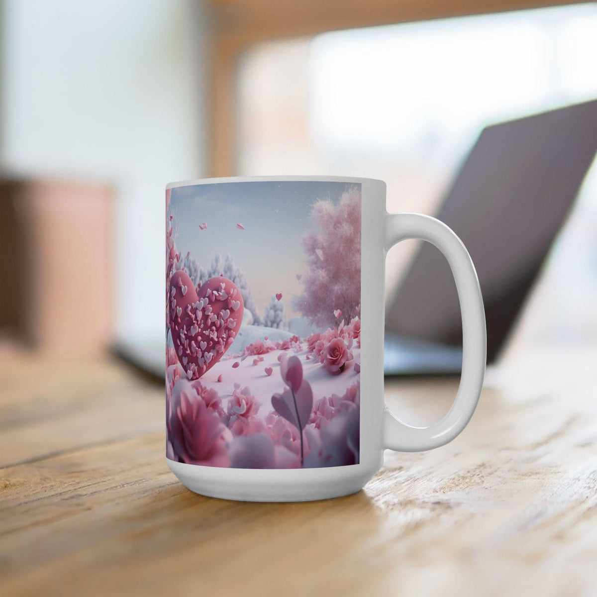 Pink Heart Tree illustration Mug ,Romantic Floral Fantasy Ceramic Mug,Valentine Heart Tree Mug, Romantic Coffee Cup, Anniversary Gift Mug — 1