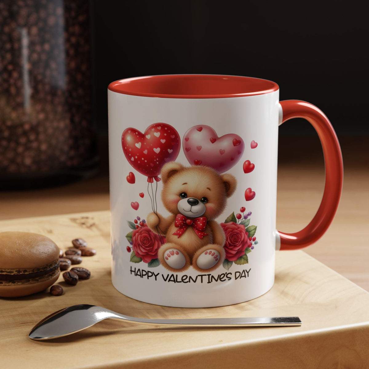 Teddy Bear with Heart Balloons Mug , Valentine's Day Accent Coffee Mug,Valentine Heart Mug, Romantic Coffee Cup, Anniversary Gift Mug