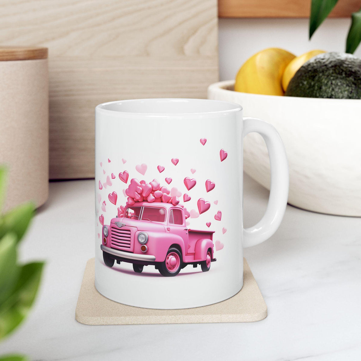 Pink Vintage Truck with Hearts Mug ,Valentine Coffee Cup,Valentine Heart Mug, Romantic Coffee Cup, Anniversary Gift Mug — 1