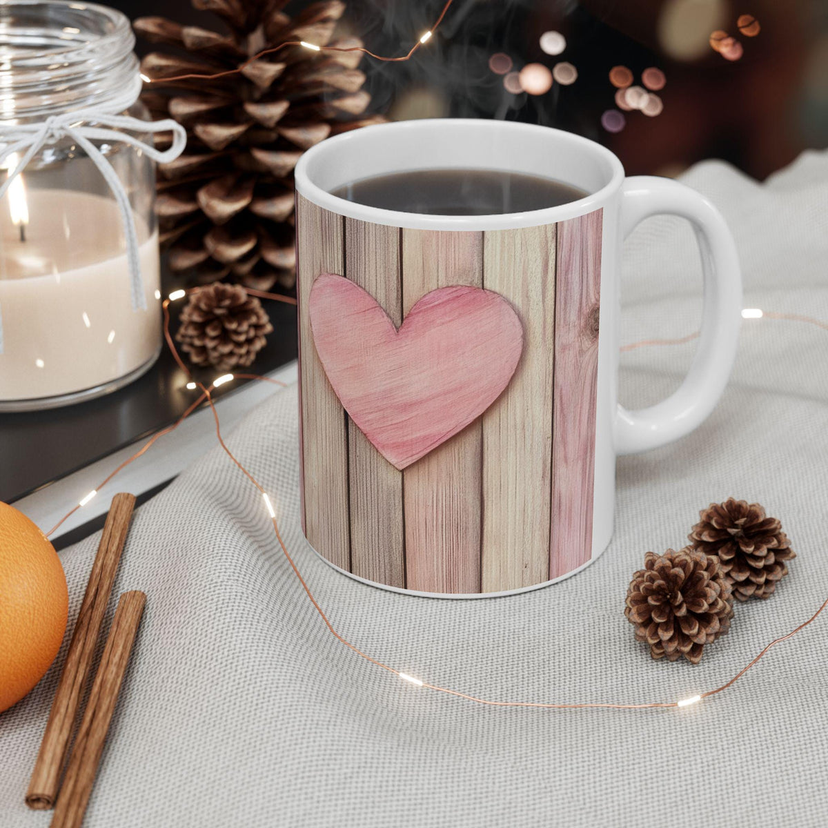 Pink Heart Wood Plank Mug ,Ceramic Coffee Cup,Valentine Mug, Love Pattern Coffee Cup, Cute Gift for Her - image 1