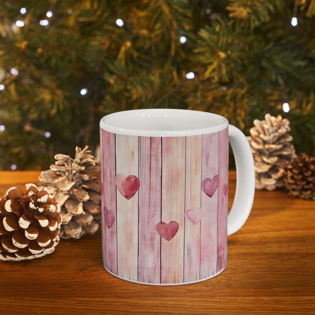 Watercolor Heart Wood Plank Mug,Valentine Mug, Love Pattern Coffee Cup, Cute Gift for Her, Friends