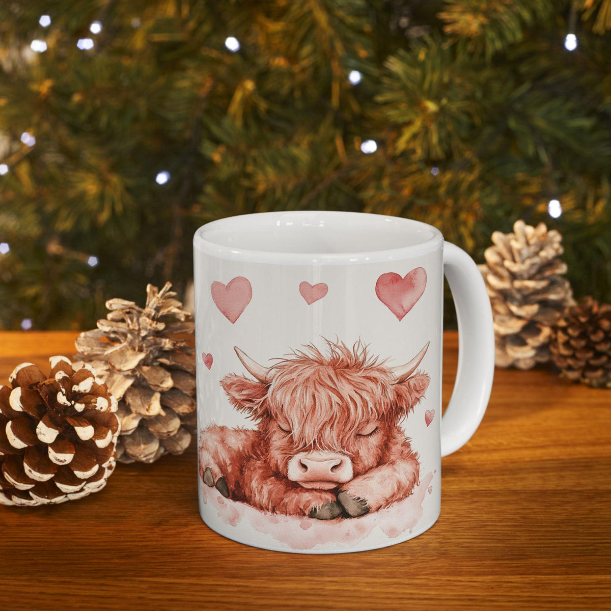 Watercolor Highland Cow Hearts Mug,Ceramic Coffee Cup,Valentine Mug, Love Pattern Coffee Cup, Cute Gift for Her