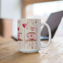 Pink Heart Coffee Cup Mug , Valentine Rustic Wood Background,Valentine Mug, Love Pattern Coffee Cup, Cute Gift for Her - image 1