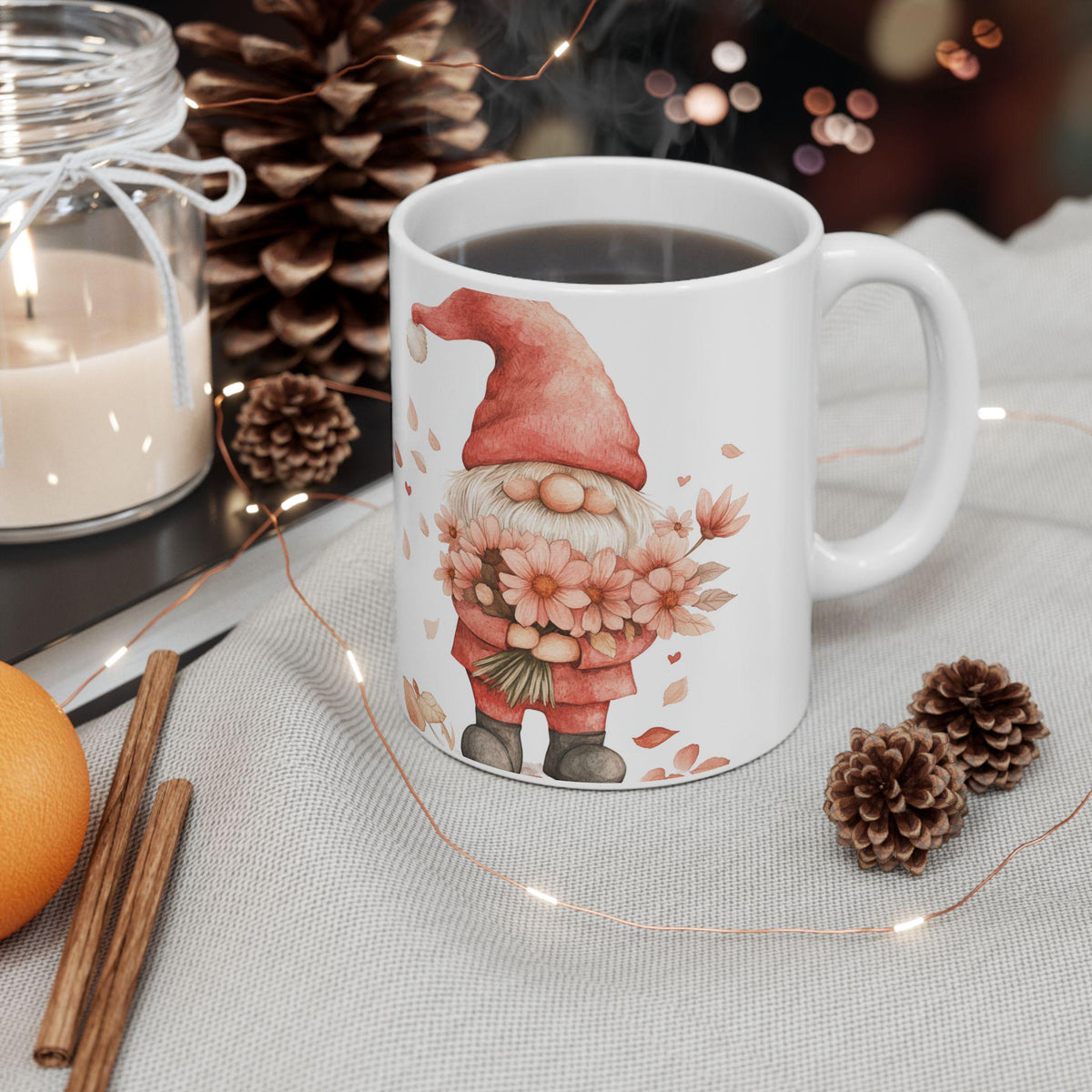 Watercolor Gnome with Flowers Mug ,Ceramic Coffee Cup,Valentine Mug, Love Pattern Coffee Cup, Cute Gift for Her — 1