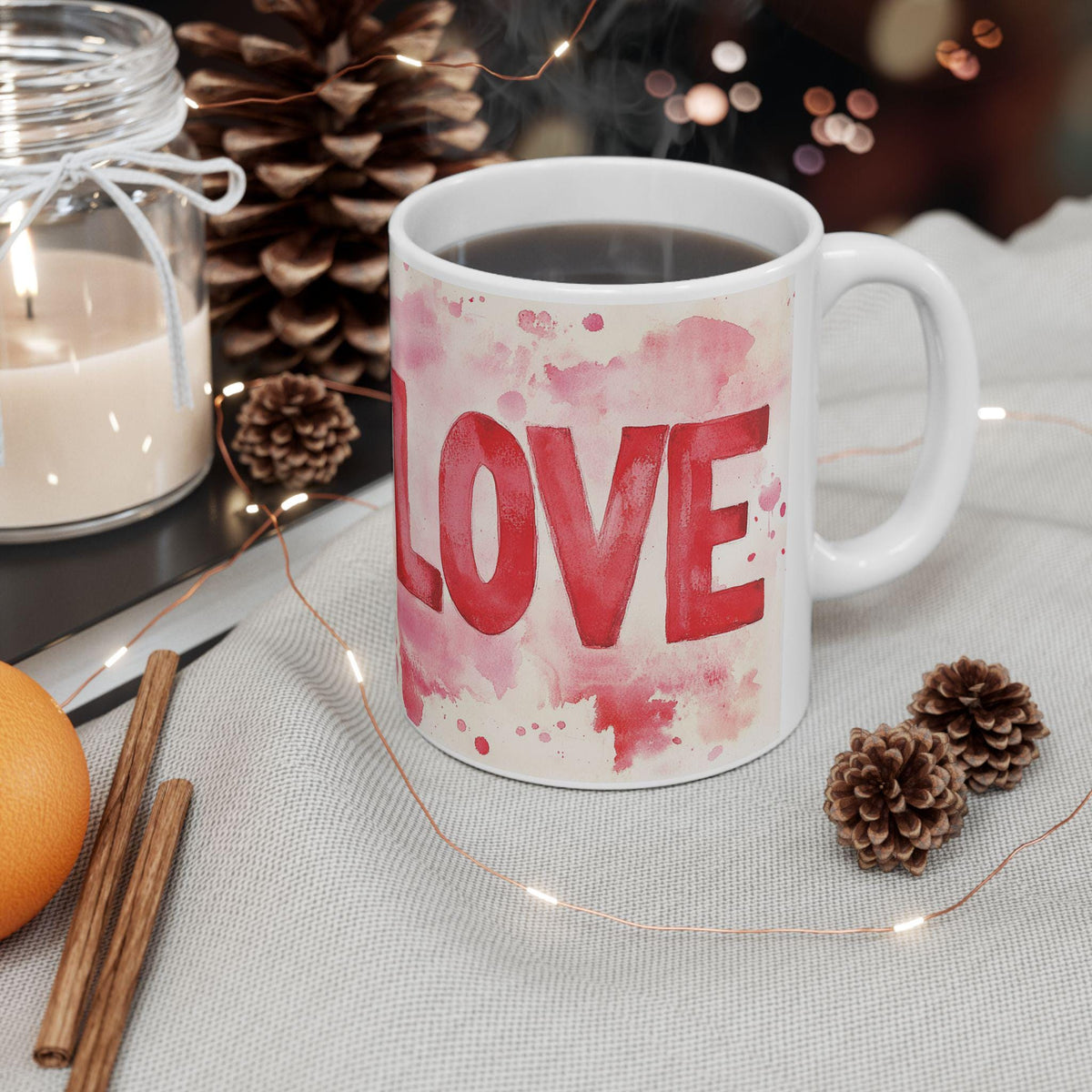 Love Watercolor Heart Mug , Romantic Red Script, Valentine Theme,Valentine Mug, Love Pattern Coffee Cup, Cute Gift for Her