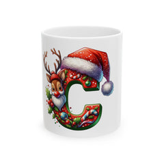 Christmas Letter C Mug | Santa Hat Reindeer Initial Holiday Ceramic Mug 11 oz