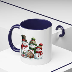 Snowman Family with Gingerbread House Mug , Christmas Accent Coffee Mug, Gift for Mom , Gift for Dad, Holiday gift 11 oz