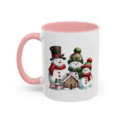 Snowman Family with Gingerbread House Mug , Christmas Accent Coffee Mug, Gift for Mom , Gift for Dad, Holiday gift 11 oz