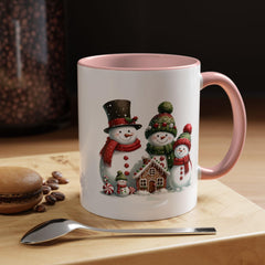 Snowman Family with Gingerbread House Mug , Christmas Accent Coffee Mug, Gift for Mom , Gift for Dad, Holiday gift 11 oz