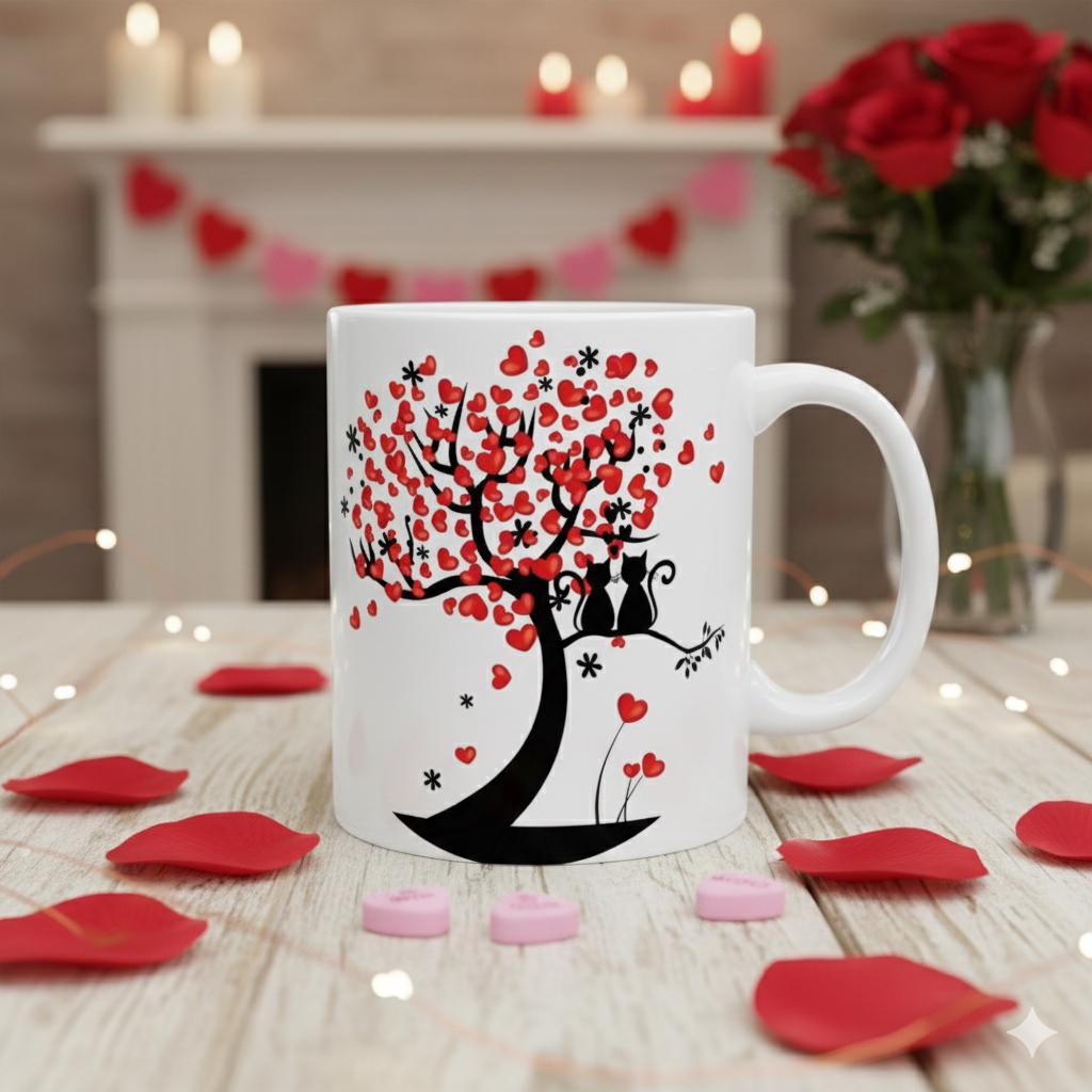 Valentine Mug,Couple Cat Mug, Romantic Love Tree Coffee Mug, Soulmate Gift for Couples, Valentine Day Mug, Anniversary Gift 11 oz