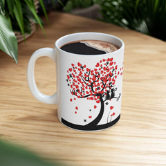 Romantic Cat Coffee Mug, Minimal Love Tree Mug, Valentine Gift for Cat Lovers, Cozy Couple Mug 11 oz