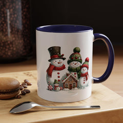 Snowman Family with Gingerbread House Mug , Christmas Accent Coffee Mug, Gift for Mom , Gift for Dad, Holiday gift 11 oz