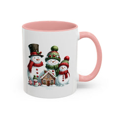 Snowman Family with Gingerbread House Mug , Christmas Accent Coffee Mug, Gift for Mom , Gift for Dad, Holiday gift 11 oz