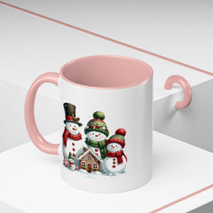 Snowman Family with Gingerbread House Mug , Christmas Accent Coffee Mug, Gift for Mom , Gift for Dad, Holiday gift 11 oz