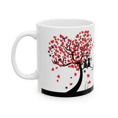 Romantic Cat Coffee Mug, Minimal Love Tree Mug, Valentine Gift for Cat Lovers, Cozy Couple Mug 11 oz