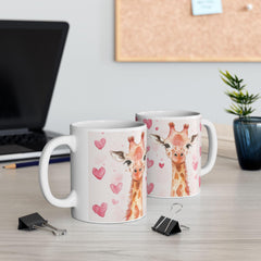 Watercolor Giraffe with Pink Hearts Mug ,Romantic Cupid Coffee Cup, Anniversary Celebration Gift, Artistic Aesthetic Tea Cup