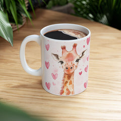 Watercolor Giraffe with Pink Hearts Mug ,Romantic Cupid Coffee Cup, Anniversary Celebration Gift, Artistic Aesthetic Tea Cup