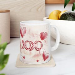 Watercolor Hearts XO Mug ,Valentine Romance Ceramic Mug,XOXO Coffee Mug with Hearts ,Valentines Day Gift
