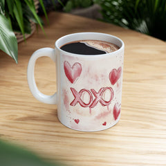 Watercolor Hearts XO Mug ,Valentine Romance Ceramic Mug,XOXO Coffee Mug with Hearts ,Valentines Day Gift