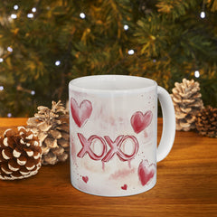 Watercolor Hearts XO Mug ,Valentine Romance Ceramic Mug,XOXO Coffee Mug with Hearts ,Valentines Day Gift
